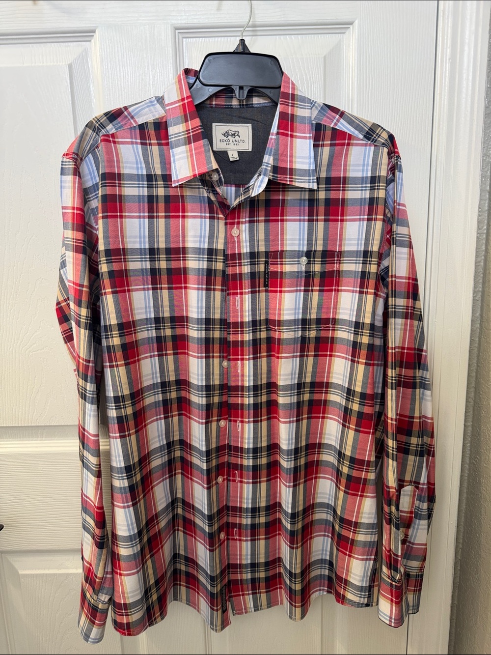 Ecko Unlimited Men’s Red, Blue & White Plaid Button-Down Shirt